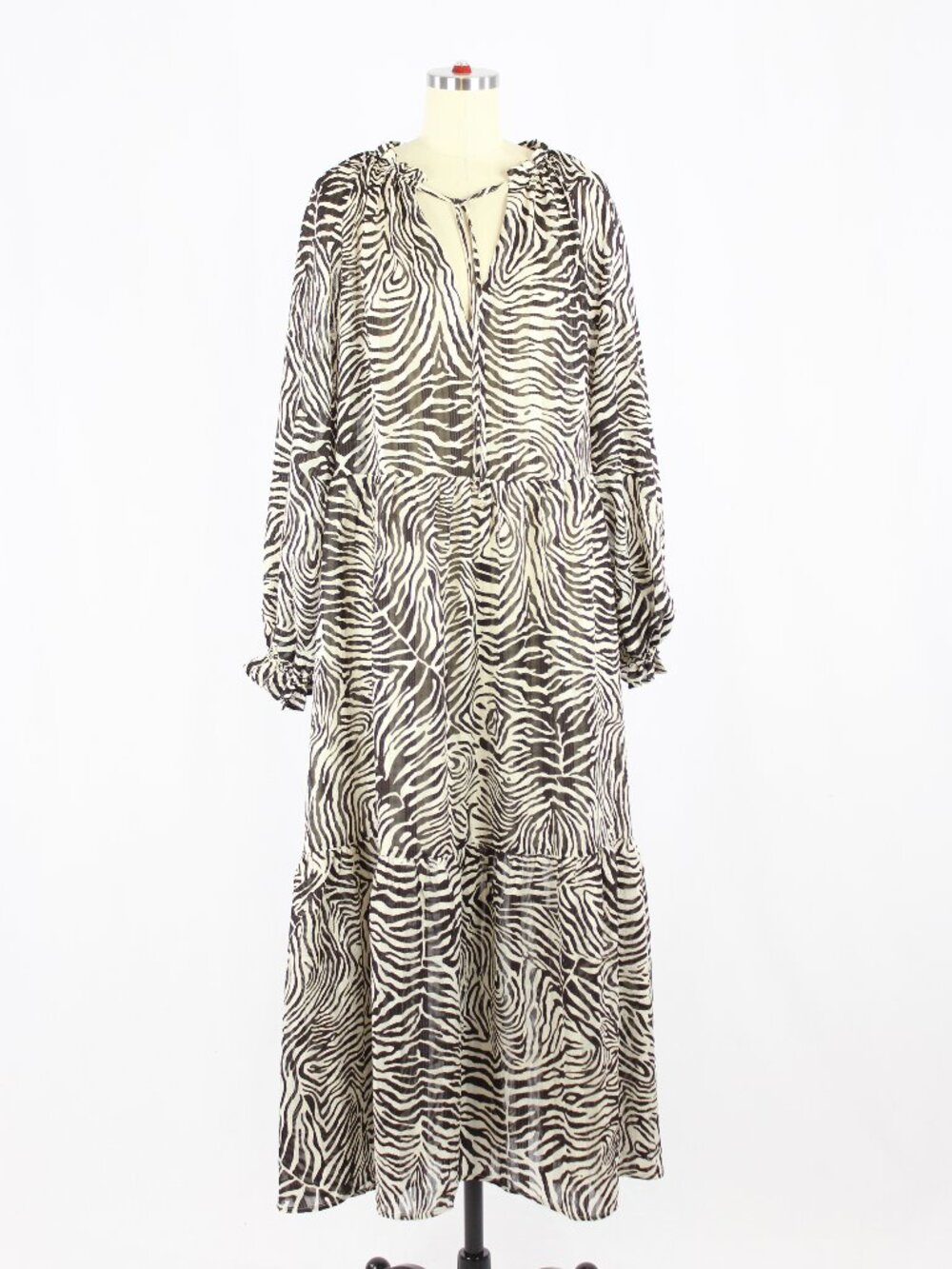 NWT ZARA White Brown Zebra Print Crinkle Puff Sleeve Maxi Peasant Dress, Size L